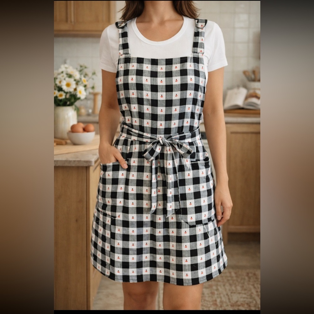 📌Ladybug Gingham Pinafore Smock Apron Black White Cotton Farmhouse Cottagecore